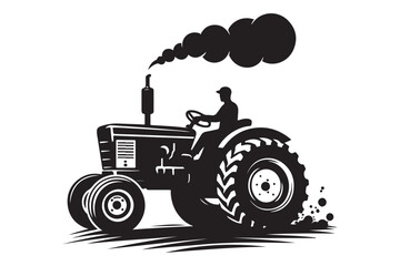 Powerful Tractor Silhouette with Black Smoke Plume and Working Farmer