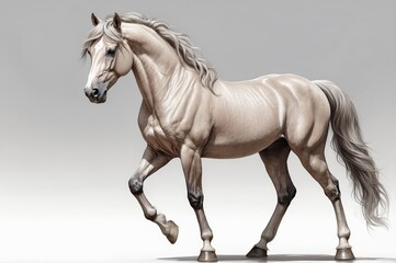 Obraz premium Majestic palomino stallion in elegant pose, showcasing its muscular build and flowing mane and tail against a neutral background.