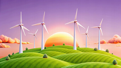 Fototapeta premium scenic view of wind farm on rolling green hills at sunset, showcasing renewable energy and nature beauty. vibrant colors create serene and hopeful atmosphere