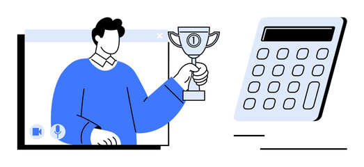 Man holding trophy during virtual call, calculator beside him. Ideal for success, achievement, online communication, virtual learning, finance, work-from-home inspiration, flat simple metaphor