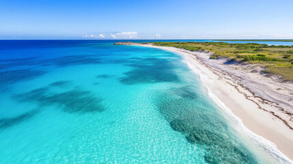 Fototapeta premium Aerial view of summer beach and blue ocean under clear sky