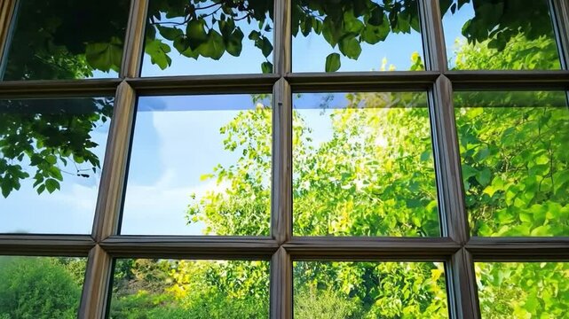 Window to Nature's Embrace: A classic window frames a vibrant scene of lush greenery and a bright blue sky, capturing the essence of nature's beauty.