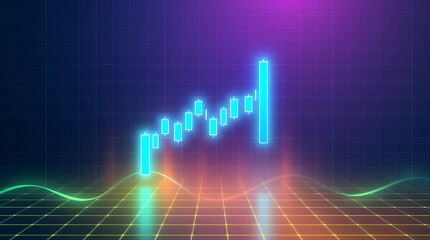Fototapeta premium A neon-style bar graph with a rising trend, set against a dark, futuristic background with a grid and glowing lines.