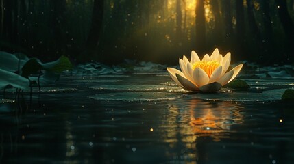 Glowing white water lily on dark water, sunset light through forest.