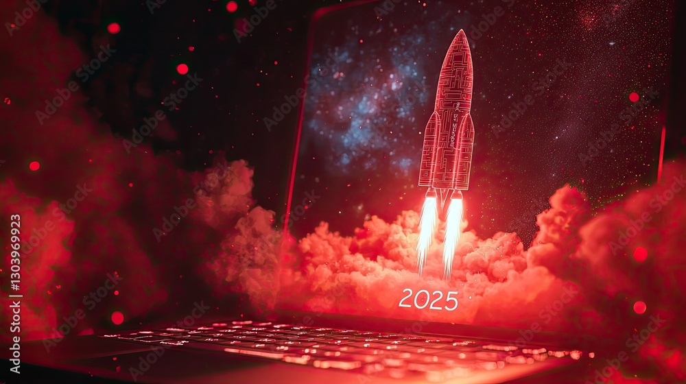 Canvas Prints a laptop computer with a red galaxy as the background, a rocket taking off on the computer screen, s