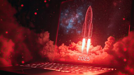 A laptop computer with a red galaxy as the background, a rocket taking off on the computer screen, surrounded by red glowing lights and smoke