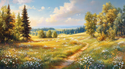 Fototapeta premium Bright summer landscape with trees and meadows under blue sky