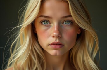 Portrait of a blonde with long hair. The girl is not smiling, looking at the camera, close-up.