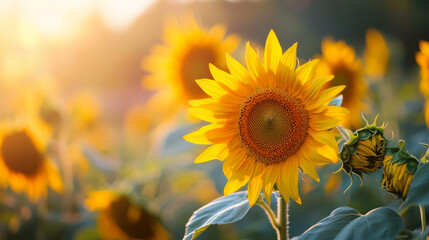 Fototapeta premium Bright sunflowers in summer landscape glowing in sunlight
