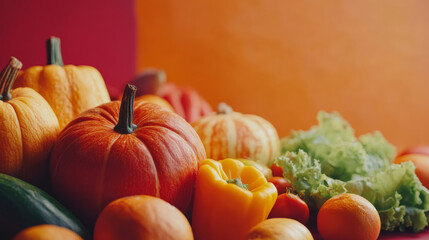 Fresh vegetables and pumpkins on colorful background