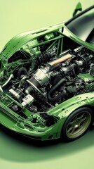 Fototapeta premium A detailed internal view shows the car engine and its mechanics