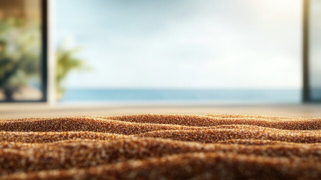 Close up of sand with blurred sea and sky in background