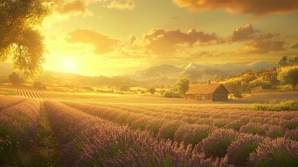 Obraz premium Golden sunset over a lavender field with a rustic farmhouse and mountains in the background.
