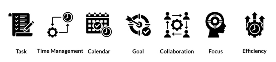 Productivity glyph icon set. Task, Time Management, Calendar, Goal, Collaboration, Focus, Efficiency