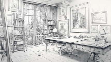 creative design studio with sketches and natural light