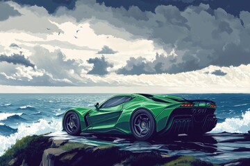 A Green Sports Car On The Cliff Side Near The Ocean