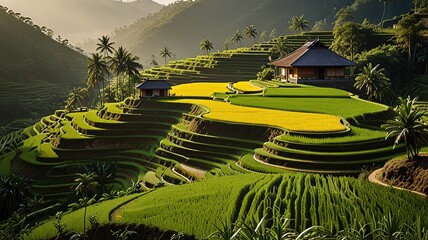 Landscape of terraced rice fields, characterized by their lush green and golden hues.