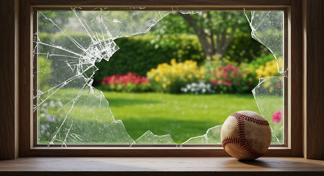 Baseball Shattered Window Pane Accident with View of Summer Garden