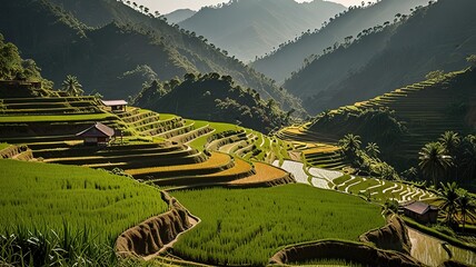 Landscape of terraced rice fields, characterized by their lush green and golden hues.