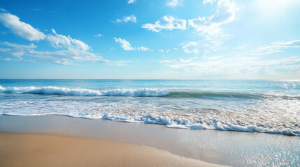 Obraz premium Serene beach view with gentle waves and clear blue sky