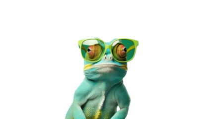Cool Chameleon with Sunglasses on PNG Transparent Background. Stylish, Fun, Reptile, Copy Space
