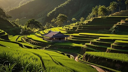 Landscape of terraced rice fields, characterized by their lush green and golden hues.