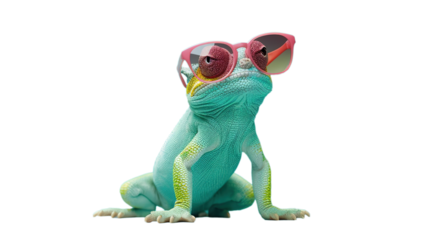 Chameleon Wearing Sunglasses on PNG Transparent Background with Copy Space. Presentation, Ads, Animal
