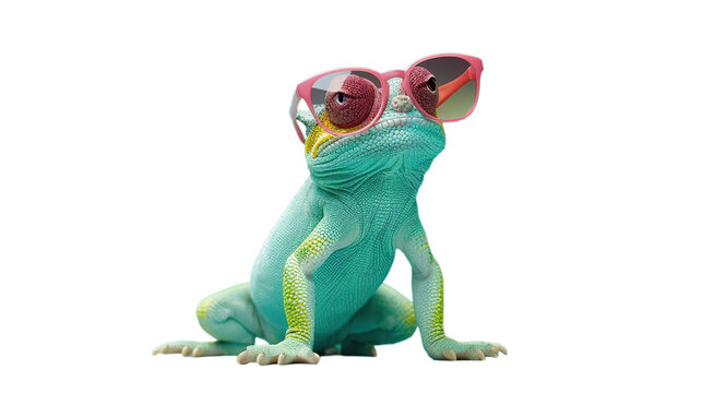 Chameleon Wearing Sunglasses on PNG Transparent Background with Copy Space. Presentation, Ads, Animal
