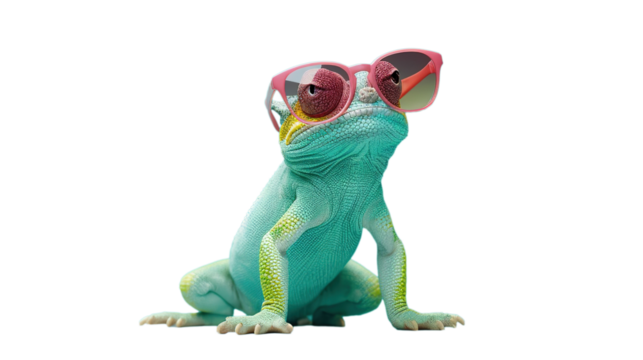 Chameleon Wearing Sunglasses on PNG Transparent Background with Copy Space. Presentation, Ads, Animal
