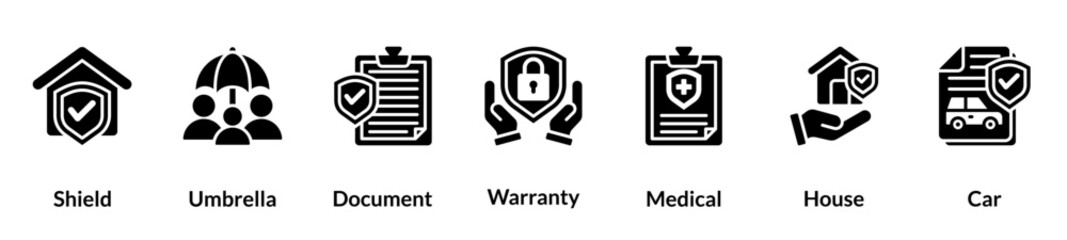 Insurance glyph icon set. Shield, Umbrella, Document, Warranty, Medical, House, Car