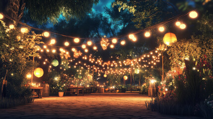vibrant summer festival atmosphere with lights and decorations