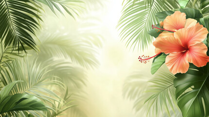 Tropical background with palm leaves and hibiscus flowers
