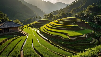 Landscape of terraced rice fields, characterized by their lush green and golden hues.