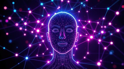 Abstract Human Head with Glowing Network Background for Ai Concepts