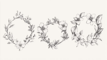 Hand drawn floral wreaths set for decorative purposes