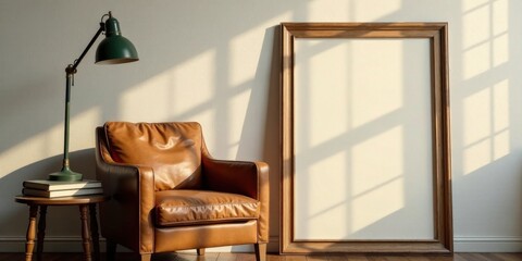 Sunlight illuminates a leather armchair and empty wooden frame in a minimalist room setting