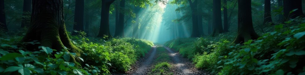 Overgrown crossroads in a dark, shadowy forest , eerie, trees, deep