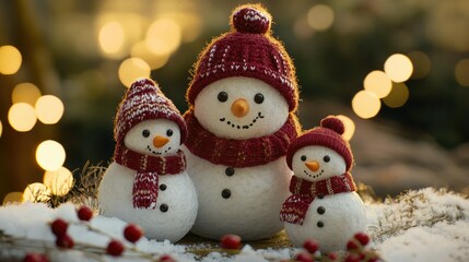 A charming winter scene featuring three snowmen,