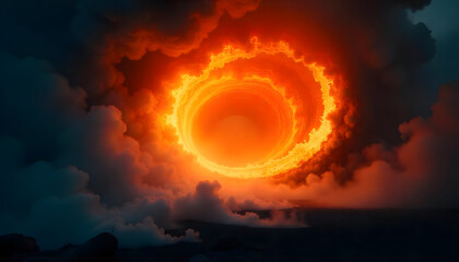 Fiery lava vortex swirling in a volcanic crater, glowing orange and red against a dark, smoky night sky.