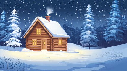 Fototapeta premium Cozy winter cabin surrounded by snow and pine trees