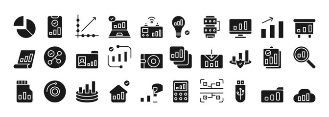 Collection of Data Analysis Icons Representing Business Metrics and Statistical Insights in a Modern Workspace Setting