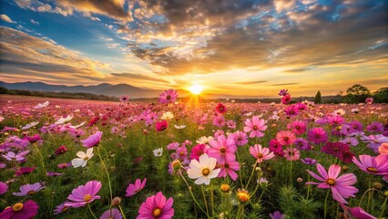 Obraz premium Stunning Aerial Photography of Cosmos Flower Field Landscape at Sunset â€“ Nature Wallpaper Background with Vibrant Colors and Peaceful Atmosphere for Your Digital Experience