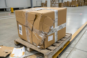 Damaged cardboard box on wooden pallet in warehouse setting, showcasing shipping issues and packaging concerns. scene highlights importance of proper handling during transport