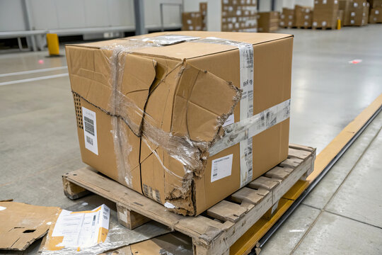 Damaged cardboard box on wooden pallet in warehouse setting, showcasing shipping issues and packaging concerns. scene highlights importance of proper handling during transport