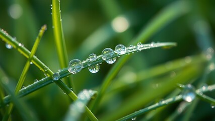 ethereal and fragile allure of a glistening dew drop on blades of grass encapsulates mesmerizing intricacies, dance of luminosity