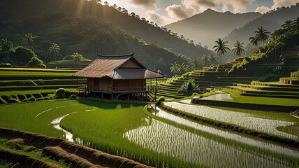 Landscape of terraced rice fields, characterized by their lush green and golden hues.