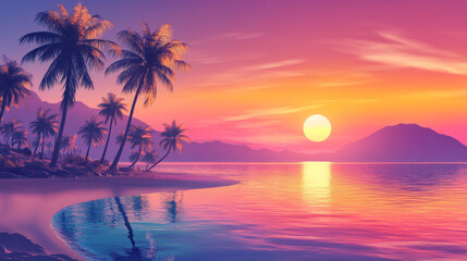 serene beach landscape with palm trees and vibrant sunset