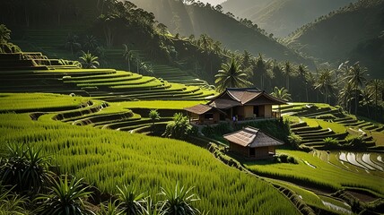 Landscape of terraced rice fields, characterized by their lush green and golden hues.