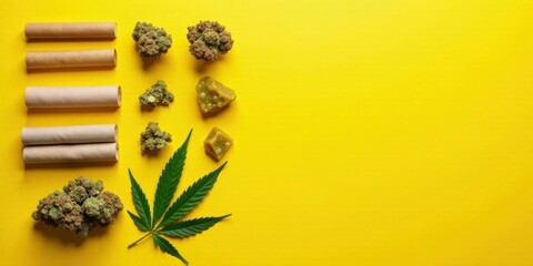 Flatlay Composition of Cannabis Buds, Rolling Papers, and Resin on Vibrant Yellow Background