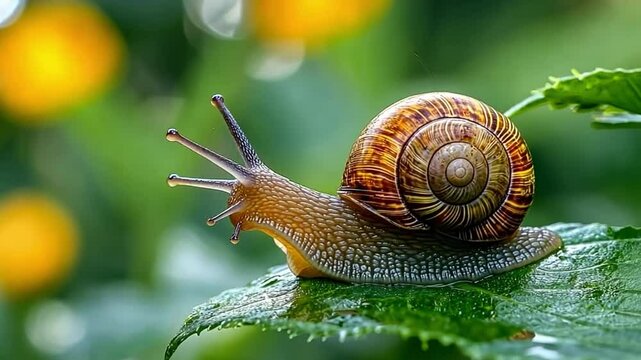 The Snail's Journey: A snail slowly explores a vibrant green leaf, its shell glistening softly under the sunlight, revealing the quiet wonders of nature's miniature world.